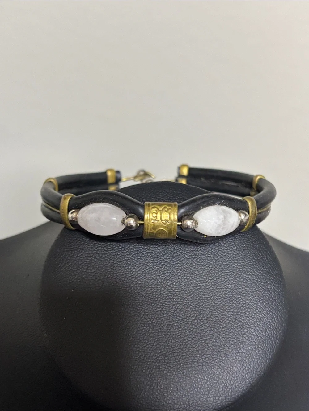 Handcrafted Black Leather Bracelet with White Stone Gem Accents